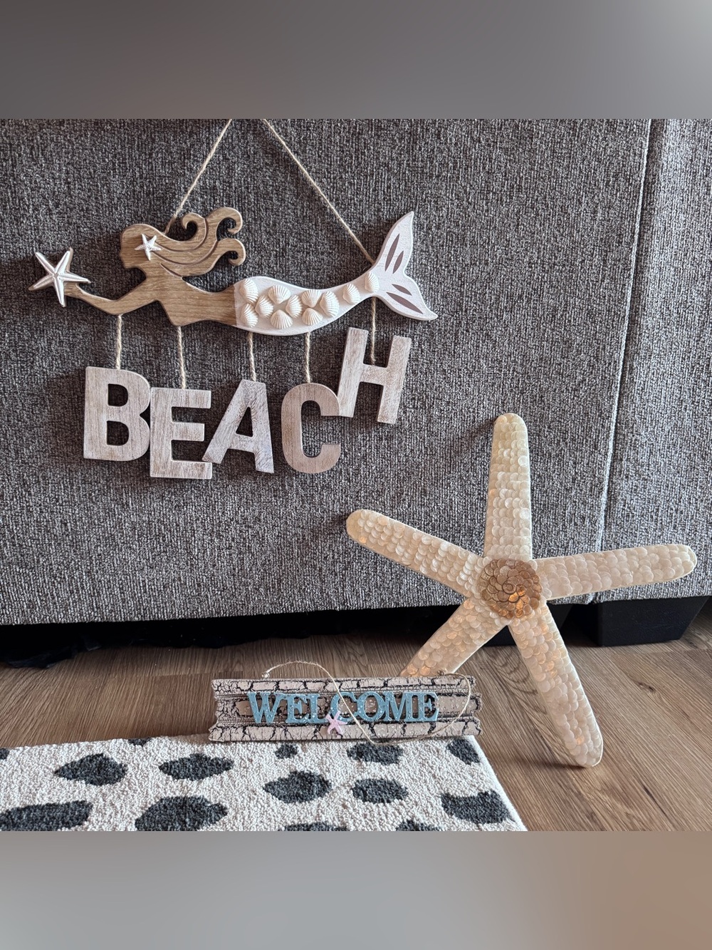 Wooden 'BEACH' Wall Hanging with Mermaid, Decorative Starfish & Welcome sign